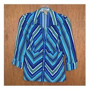 Notations Blue Button Front Chevron Print Top